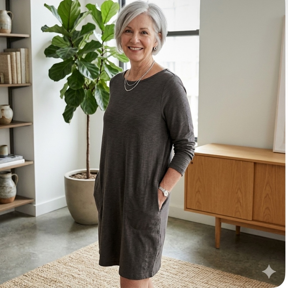 JJill Dress XL Pima Cotton Long Sleeve Pockets Grey Lagenlook Minimalist Classic
